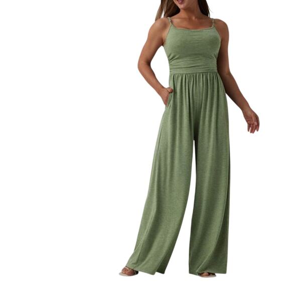 HALARA Pants - Halara Jumpsuit Adjustable Straps Ruched Wide Leg Light Green Floral Yarn Small